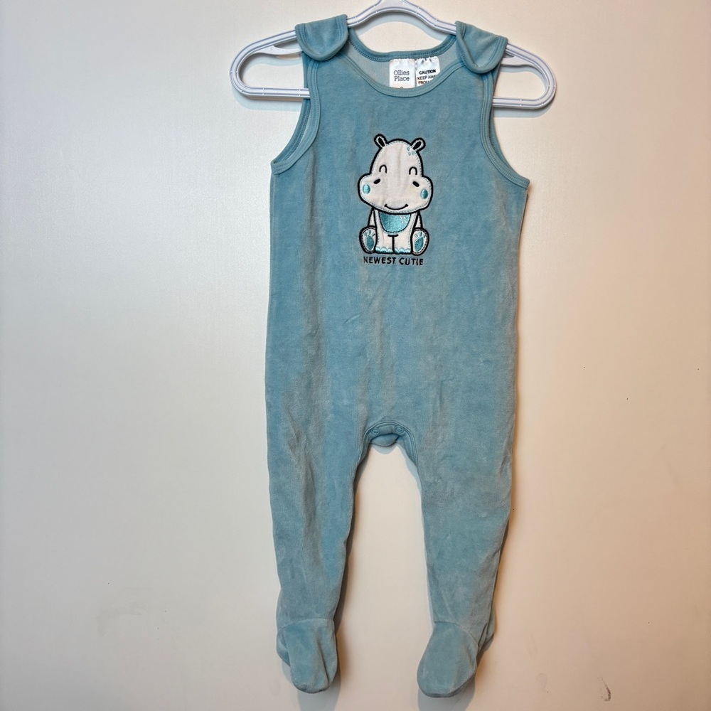 Ollies Place 6-12 Months Light Blue Velour Baby Romper w Embroidered hippo